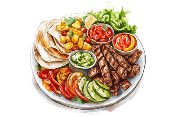 Watercolor Fajita Platter Isolated on Transparent Background. Fajita Platter with Vegetables and Meat PNG.