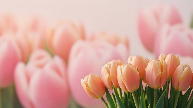Soft focus peach and pink tulips in bloom - Powered by Adobe