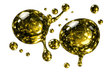 Golden liquid bubbles with transparent background, oil, shiny, gold.