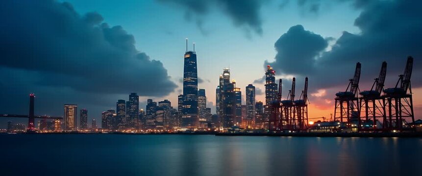 Dynamic city skyline at sunset, cranes silhouetted against a vibrant sky; gentle waves ripple in the harbor; camera slowly pans, capturing the cinematic essence of urban life and industry.