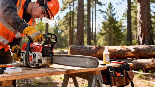 Forestry worker inspecting a leased chainsaw for maintenance preparing for efficient treecutting in a woodland setting.