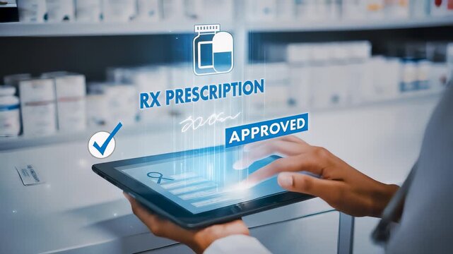 Pharmacist holding digital tablet with holographic RX prescription approved interface, visualizing electronic medicine ordering, online pharmacy automation, and smart healthcare technology concept.