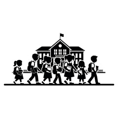 Children walking to school building with backpacks.