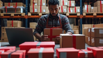 Man working on laptop between stacked packages in warehouse environment, symbolizing small business growth, shipping, and retail logistics.