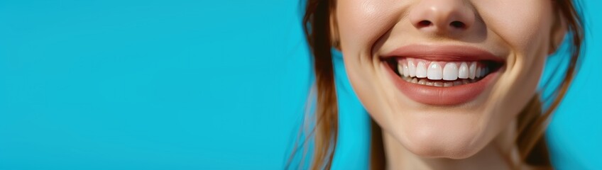 A close-up of a cheerful woman&rsquo;s mouth smiling widely with white teeth, symbolizing confidence, dental care, and positivity.