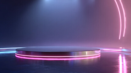 Gradient background in dark purple and pink tones with an empty event stage centered