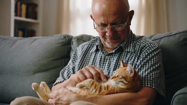 elderly Man pets orange cat in cozy living room 