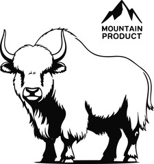Minimalist vector sticker of a yak standing, thick fur shape simplified, clean outline, flat design, white background, mountain product branding 1