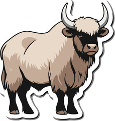  Minimalist vector sticker of a yak standing, thick fur shape simplified, clean outline, flat design, white background, mountain product branding