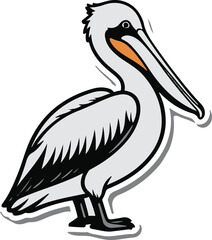 Minimal vector sticker of a pelican side view with pouch simplified, clean bold outline, flat design, white background, coastal branding.