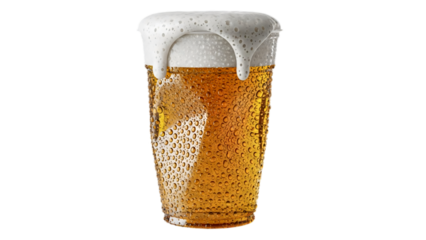 A close-up photo of a glass of beer with abundant creamy foam overflowing against a transparent background.
