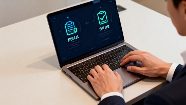 Person working on laptop with digital icons - Powered by Adobe