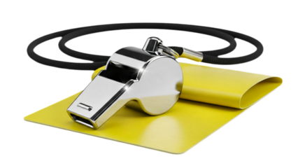A metallic whistle resting on a yellow card with a black strap. Perfect for sports and outdoor activities. transparent background