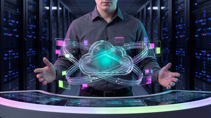 man presenting cloud computing concept with futuristic interface