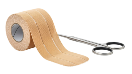 Medical tape and scissors resting on a flat surface, illustrating the tools for taping procedures  transparent background