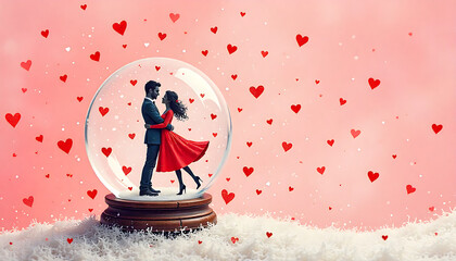 A romantic scene with a couple inside a glass globe, set against a pink, heart-filled background and scattered small hearts, HD and 4k image