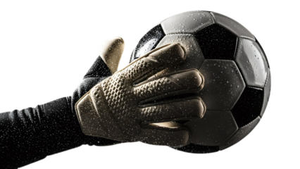 A gloved hand catching a soccer ball in mid-air, isolated shot transparent background