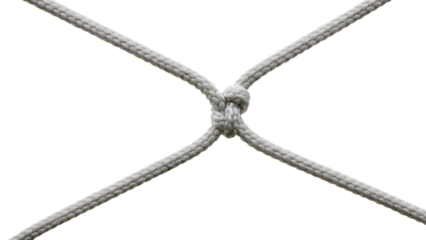 Close-up shot of a knot created by intertwined ropes against a blurred background, highlighting intricate details of textile construction. transparent background