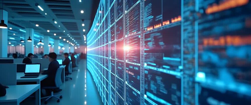 Dynamic code streams across a futuristic digital interface as the camera slowly tracks along a bustling tech workspace, with ambient lights flickering in a cinematic style.