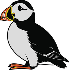 Minimalist vector sticker of a puffin side view, simplified beak shape, clean outline, flat design, white background, tourism marketing use 2