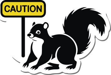 Minimalist vector sticker of a skunk tail raised, simplified warning pose, clean outline, flat icon style, white background, caution label friendly 1
