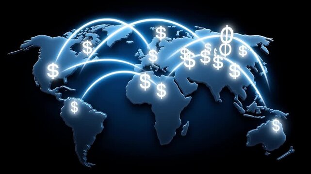 global digital payments business concept, abstract map with transaction paths and currency icons connecting cities, clean futuristic design, professional fintech visualization