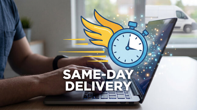 Man using laptop with same day delivery icon on screen
