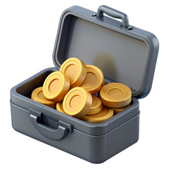 A 3D illustration of a black or gray investment portfolio filled with gold coins symbolizing wealth, savings, investments, and financial prosperity.