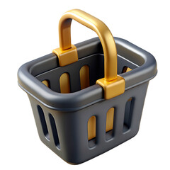 Black and gold 3D shopping basket on a transparent background, representing online purchases, crypto payment adoption, investment spending, and digital commerce..