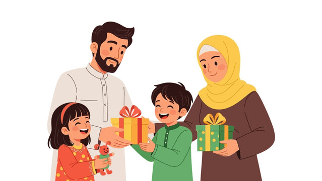 Vector illustration of a Muslim family in Eid style, smiling and exchanging gifts on a white background, conveying a joyful mood.