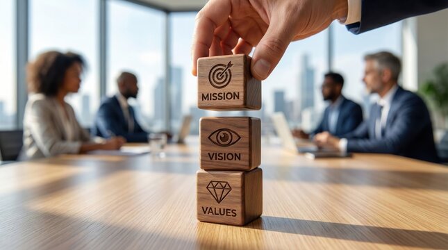 Businessman stacking wooden blocks with mission,vision and values symbols in corporate meeting room,core business principles concept