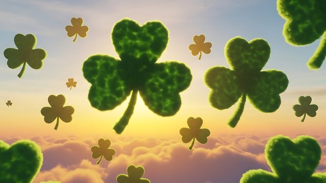 St Patrick's Day, Green shamrocks floating in a cloudy sky at sunset