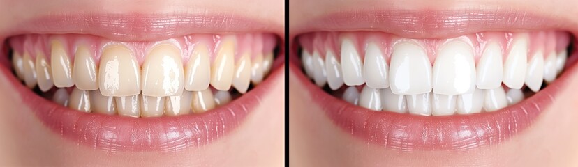 Young woman&rsquo;s smile transformation shown in before and after dental whitening photo, emphasizing clean, bright teeth and confidence.