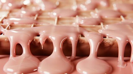 Close-up of rich pink glaze melting and dripping over a textured waffle surface, creating a sweet and indulgent dessert visual.