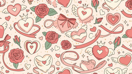 Delightful seamless romantic pattern with cute hearts, elegant roses, delicate ribbons, and charming bows, perfect for loving designs and festive celebrations
