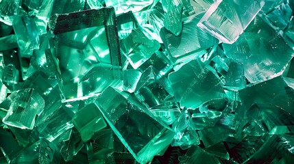 Pile of green glass shards forming sharp geometric shapes, highlighting texture, light refraction, and the beauty of recycled materials.
