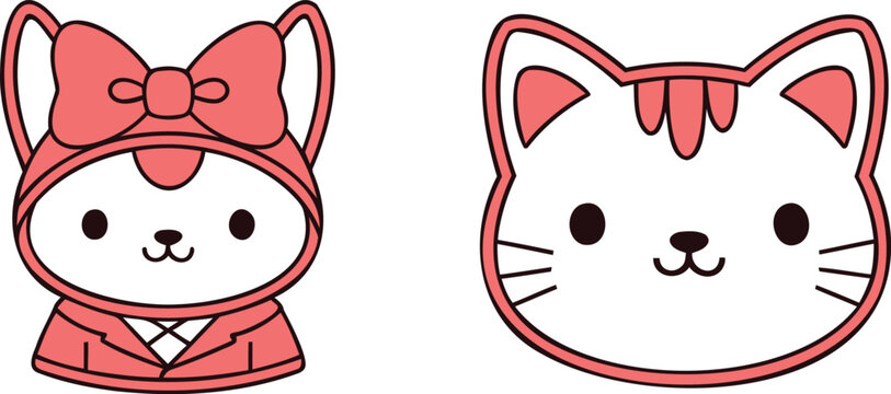 Cute Kawaii Cat Cartoon Character Faces Vector Illustration Set