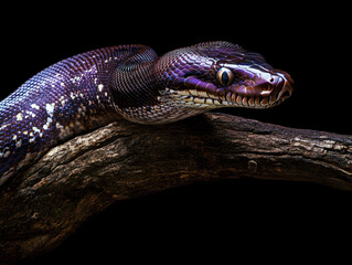 Fototapeta premium Colorful snake resting on a branch in dark surroundings