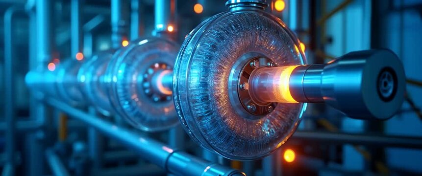 Cinematic close-up of rotating industrial machinery with a slow tracking shot through a high-tech factory, highlighting intricate engineering details and ambient lighting effects.