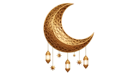 Golden Ramadan Crescent with Elegant Lanterns – Islamic PNG