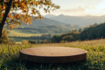 Wooden podium on grass with soft mountain sunrise backdrop, a calm stage for clean natural brands - organic product advertising, eco packaging, and wellness marketing