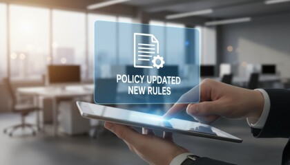 Business professional holding tablet with policy updated notification, Corporate compliance, new rules implementation, governance management, regulatory change, and digital documentation process.