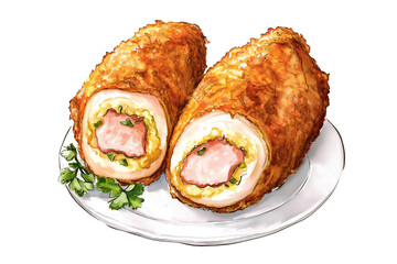 Chicken Cordon Bleu Clipart Isolated on Transparent Background. Crispy Stuffed Food PNG.