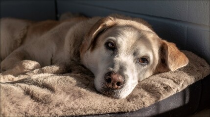 elderly pet adoption, a serene, wise senior labrador mix rests peacefully at an animal shelter, suggesting the need for a loving forever home