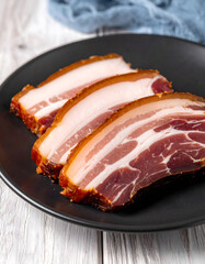 Raw Pork Belly Bacon on Black Ceramic Plate

