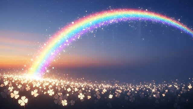 St Patrick's Day, Rainbow Ending in a Field of Sparkling Lucky Clovers at Sunset
