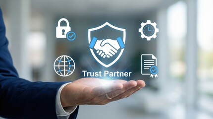Trust and secure partnership concept with businessman holding virtual icons of handshake,lock,clock,document,and global network symbolizing reliability and cybersecurity