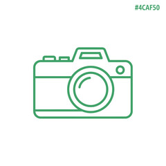 Green line art camera icon on white background, minimalist photography symbol