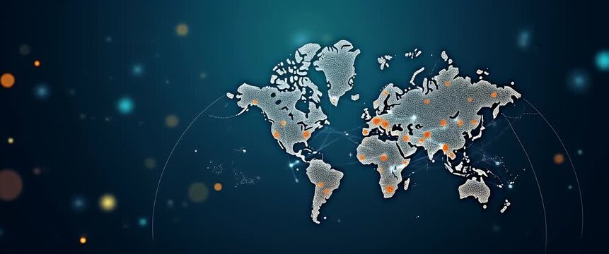 Cinematic world map glows with digital data pulses as the camera slowly pans, highlighting global connectivity and technology trends, amidst ambient lights flickering in a futuristic style.