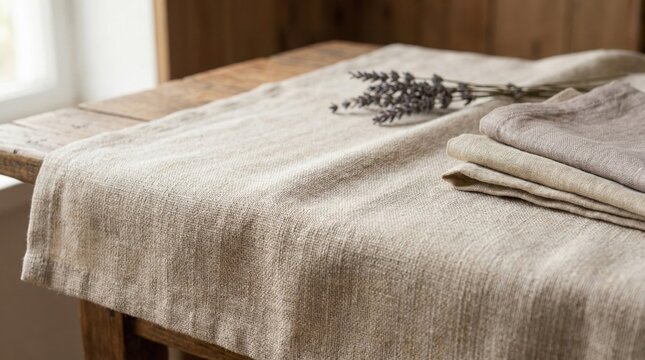 Natural beige linen tablecloth on rustic wooden table,cozy and minimalist style home decor,soft texture and neutral tones perfect for dining or kitchen backgrounds